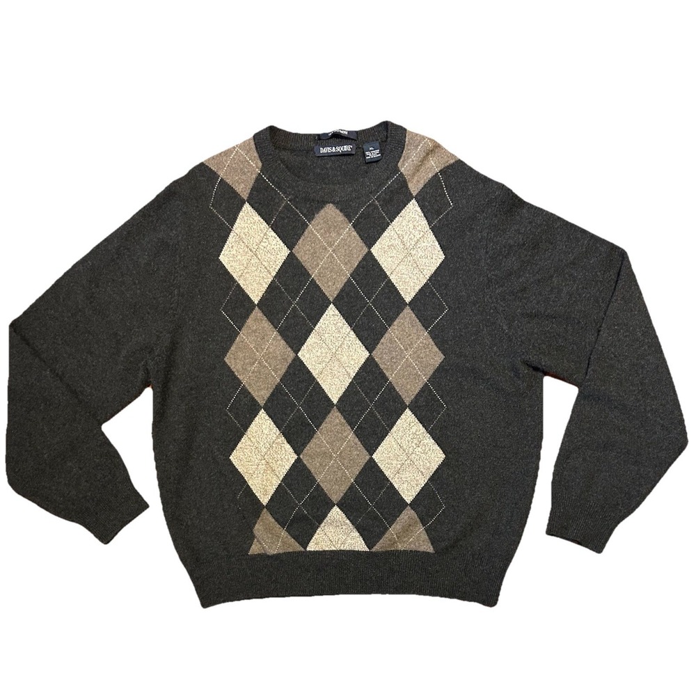 Davis Squire 100% Pure Cashmere Sweater Mens‎ XL Argyle Grey Geometric